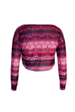 Red O Neck Long Sleeve Patchwork crop top Mesh Tees & T-shirts