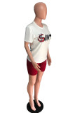 White Casual Letter Print Solid Straight Short Sleeve Two Pieces
