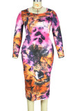 Orange Sexy Twilled Satin Print O Neck Long Sleeve Mid Calf Pencil Skirt Dresses