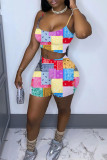Yellow Sexy Casual Print Backless Spaghetti Strap Sleeveless Two Pieces