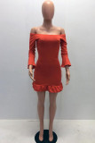 Red Fashion adult OL Ruffled Sleeve Long Sleeves One word collar A leaf skirt Mini ruffle Soli