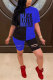 Blue Fashion Casual adult Letter Patchwork Print Hole Burn-out contrast color Two Piece Suits pencil Short Sleeve Two Pieces