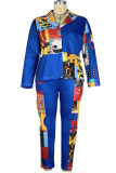 Blue Work Daily Print Patchwork Turndown Collar Plus Size 