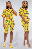 Yellow Fashion adult Sexy backless Print Two Piece Suits Patchwork Straight Short Sleeve Two-Pie