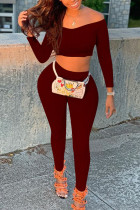 Wine Red Fashion Sexy Adult Solid Patchwork Bateau Neck Long Sleeve Regular Sleeve Short Two Pieces