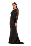 Wine Red Fashion adult Celebrities Cap Sleeve Long Sleeves O neck Mermaid Floor-Length Sequin Patch