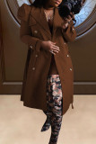 Coffee Casual Solid With Belt Turndown Collar Outerwear