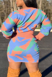 White Sexy Print Patchwork O Neck Long Sleeve Two Pieces