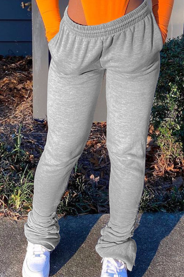 Grey Casual Solid Fold Straight Mid Waist Straight Bottoms