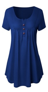 Royal blue Casual Regular O-Neck Short Button Solid Regular Tees & T-shirts