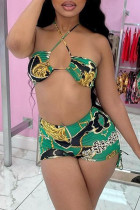Green Fashion Sexy Print Backless Strap Design Halter Sleeveless Two Pieces