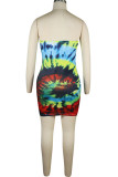 Green Fashion Sexy adult Ma'am Green Pink Off The Shoulder Sleeveless One word collar Step Skirt Knee-Length Print Patchwork Dresses