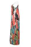 Navy Blue Casual Off The Shoulder Sleeveless Slip Swagger Floor-Length Print Patchwork