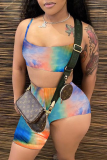 Blue Sexy Print Patchwork Spaghetti Strap Sleeveless Two Pieces