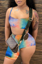 Blue Sexy Print Patchwork Spaghetti Strap Sleeveless Two Pieces
