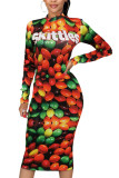 Yellow Fashion Casual Adult Print Patchwork O Neck Long Sleeve Knee Length A Line Dresses