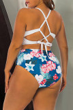 Deep Blue Sexy Print Bandage Patchwork V Neck Plus Size Swimwear