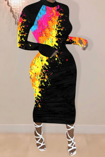 Sky blue and yellow and Rose-carmine Street O Neck Print scrawl Pattern Plus Size