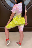 Powder blue Fashion Casual adult Patchwork Print Tie Dye Gradient Two Piece Suits pencil Short Sleeve Two Pieces