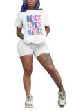White Fashion Casual adult Letter Patchwork Print Two Piece Suits Straight Short Sleeve Two Pieces