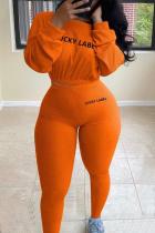 Orange Fashion Casual Pit Article Fabrics Letter Embroidered Boat Neck Two Pieces