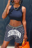 Brown Fashion Casual Letter Print Vests O Neck Sleeveless Two Pieces
