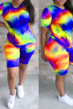 Fluorescent Green Casual Patchwork Tie-dye O Neck Short Sleeve Two Pieces