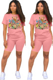 Pink Fashion Casual adult Patchwork Print Character Two Piece Suits Straight Short Sleeve Two Pieces