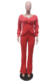 Tangerine Red Sexy Solid Patchwork V Neck Long Sleeve Two Pieces