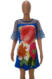 Navy Blue Sexy Fashion Cap Sleeve Half Sleeves O neck A-Line Knee-Length Print Patchwork Print Dresses