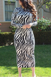 Black England Long Sleeves O neck Pencil Dress Mid-Calf Print zebra Dresses