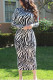 Black England Long Sleeves O neck Pencil Dress Mid-Calf Print zebra Dresses