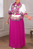 Rose Red Elegant Print With Belt Pleated Turndown Collar Plus Size Two Pieces