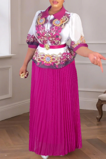 Rose Red Elegant Print With Belt Pleated Turndown Collar Plus Size Two Pieces