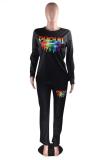 Black adult Active Fashion Casual Lips Print Print Two Piece Suits Solid pencil Long Sleeve Two