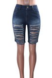 Navy Blue Denim Zipper Fly Mid Solid Hole washing Zippered Straight Capris Bottoms