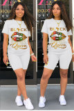 White Fashion Casual adult Letter Patchwork Two Piece Suits Lips Print Straight Short Sleeve Two Pieces