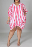 Black Fashion Casual Plus Size Striped Print Basic Turndown Collar Shirt Dress