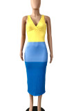 Red Casual Striped Print Patchwork V Neck Pencil Skirt Dresses