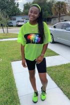 Fluorescent green Casual Fashion perspective Solid Fluorescent Patchwork Straight Two-Piece Short Set