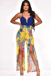 Yellow Fashion Sexy Asymmetrical Patchwork Print Sleeveless Slip Jumpsuits