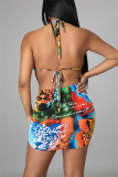 Blue Fashion Sexy Print Draw String Long Sleeve Four-piece Set