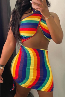 Stripe Sexy Print Hollowed Out Halter Pencil Skirt Dresses