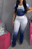 Blue Milk Silk Active Letter Print Solid Gradient Straight Short Sleeve Two Pieces