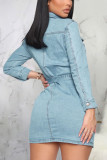Light Blue Sexy Solid Patchwork Turndown Collar Pencil Skirt Dresses