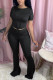 Black Fashion Sexy adult Ma'am Solid Two Piece Suits Boot Cut Short Sleeve Two Pieces
