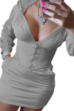 Grey Fashion Casual Adult Solid Patchwork Hooded Collar Long Sleeve Mini Long Sleeve Dress Dresses