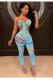Blue Sexy Fashion Letter perspective asymmetrical Slim fit crop top Solid backless Bandage Two