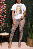 White Fashion Sexy adult Letter Patchwork Print Two Piece Suits pencil Short Sleeve Two Pieces