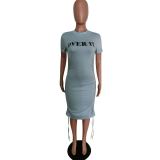 Blue Fashion Work Black Grey Blue Sleeve Short Sleeves O neck Lantern skirt skirt Print Dresses